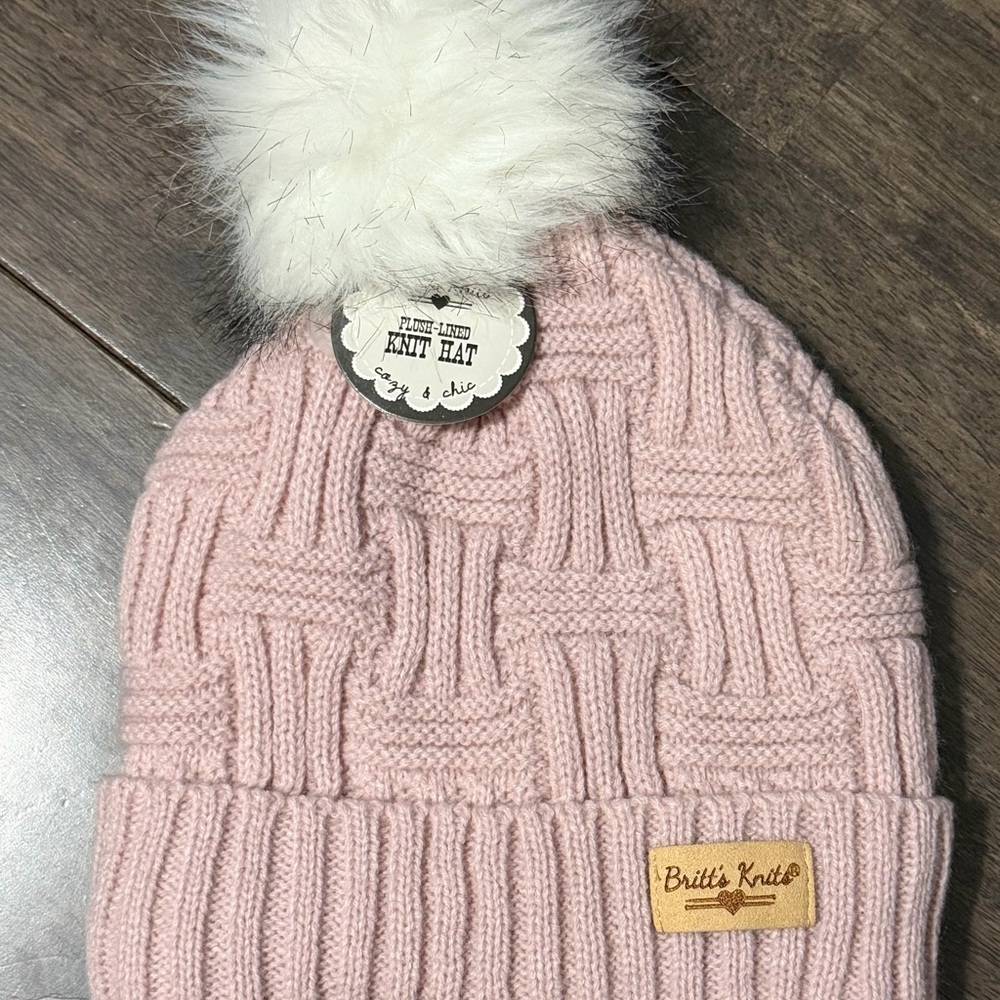 Britt’s Fleece lined Pink Knit Hat with White Pom Pom
